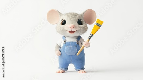 Cute cartoon mouse artist holding paintbrush, isolated on white background.