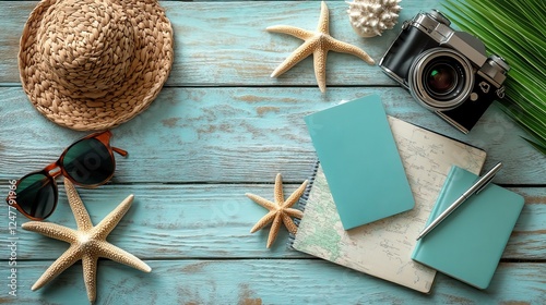 Top view photo of headwear, sunglasses, camera, map, passport cover, starfishes, pen and notebook on white wooden background with copyspace.