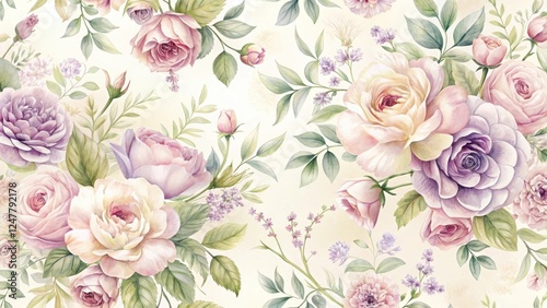 Wallpaper Mural Delicate, hand-painted floral pattern with soft English rose blooms in pastel hues of pale pink and lavender, set against a creamy white background , elegant patterns, england rose Torontodigital.ca