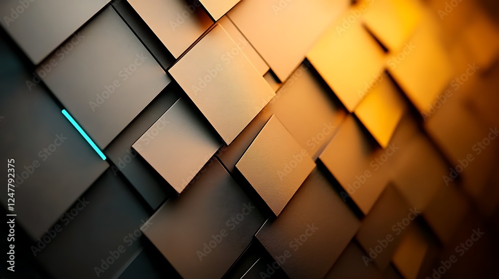 Fototapeta premium Abstract geometric wall design featuring layered squares in warm tones with cool accents