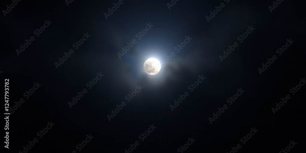 A full moon partially obscured by clouds in a dark night sky A full moon partially obscured by clouds in a dark night sky