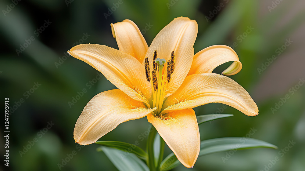 Fototapeta premium vibrant orange lily flower with delicate petals and green leaves