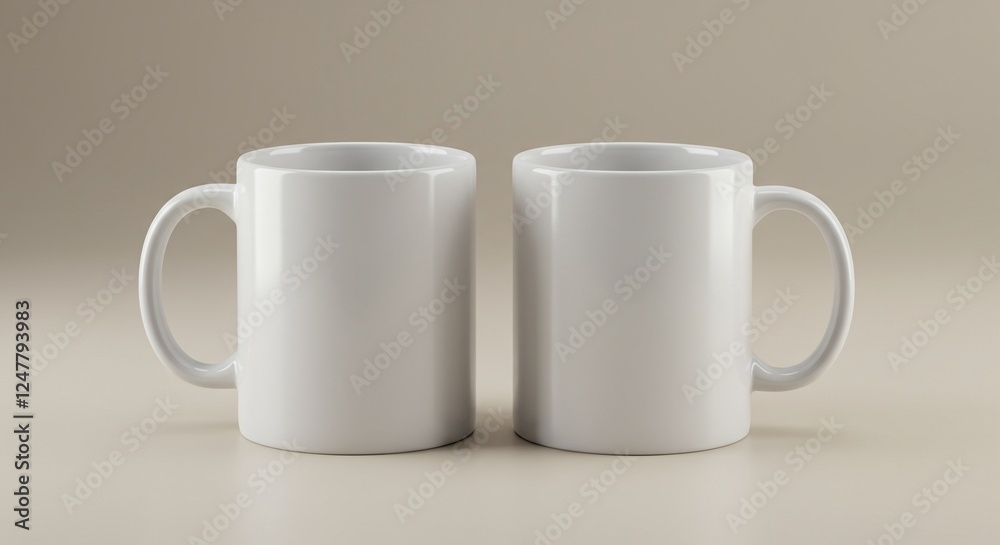 Minimalist White Ceramic Mugs Mockup on Light Beige Surface with Matching Background Minimalist White Ceramic Mugs Mockup on Light Beige Surface with Matching Background