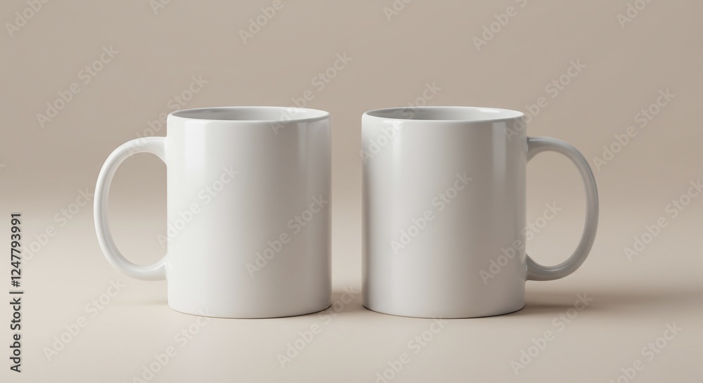Minimalist White Ceramic Mugs on Beige Surface with Matching Background Minimalist White Ceramic Mugs on Beige Surface with Matching Background
