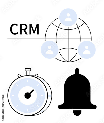 CRM text with global user network, stopwatch, and alert bell highlighting customer management, reminders, and time tracking. Ideal for marketing, productivity, time management, client communication