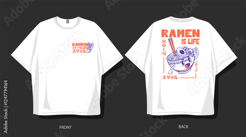 Vintage ramen Japanese vector, ramen noodles illustration. Ramen t-shirt design, poster, clothing design. Japanese cartoon graphic