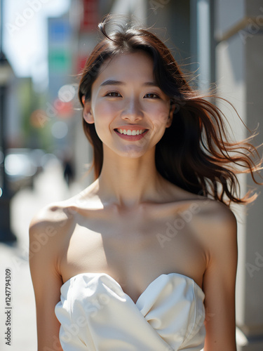 Smiling Young Asian Woman in Elegant White Dress – Natural Outdoor Portrait