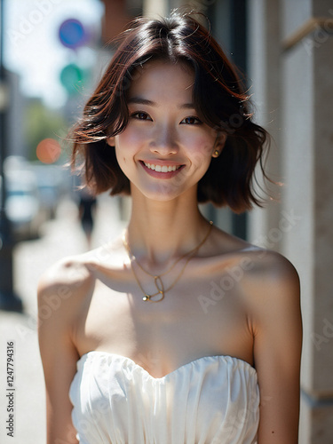 Smiling Young Asian Woman in Elegant White Dress – Natural Outdoor Portrait
