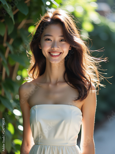 Smiling Young Asian Woman in Elegant White Dress – Natural Outdoor Portrait