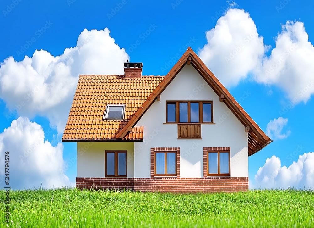 White and brown colored house with red brick walls, wooden windows on the roof, and a green lawn in front of it against a blue sky White and brown colored house with red brick walls, wooden windows on the roof, and a green lawn in front of it against a blue sky