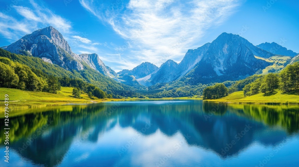 Fototapeta premium Serene Mountain Lake Reflecting Sunny Sky. Peaceful Landscape. Stock Photo
