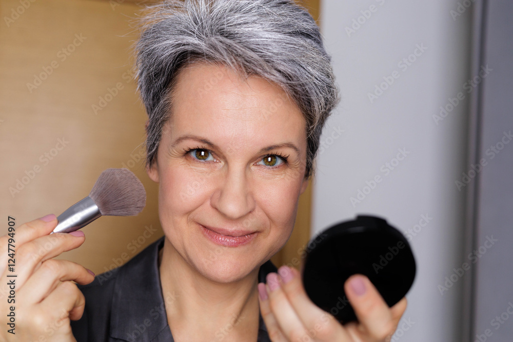 Beautiful smiling elderly woman pensioner during menopause with gray hair applies anti-aging makeup Beautiful smiling elderly woman pensioner during menopause with gray hair applies anti-aging makeup