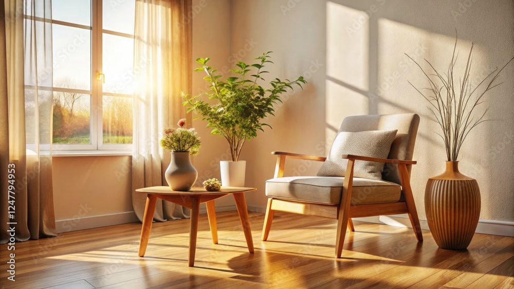 Fototapeta premium Cozy Minimalist Living Room: Wooden Chair, Natural Light, Interior Design