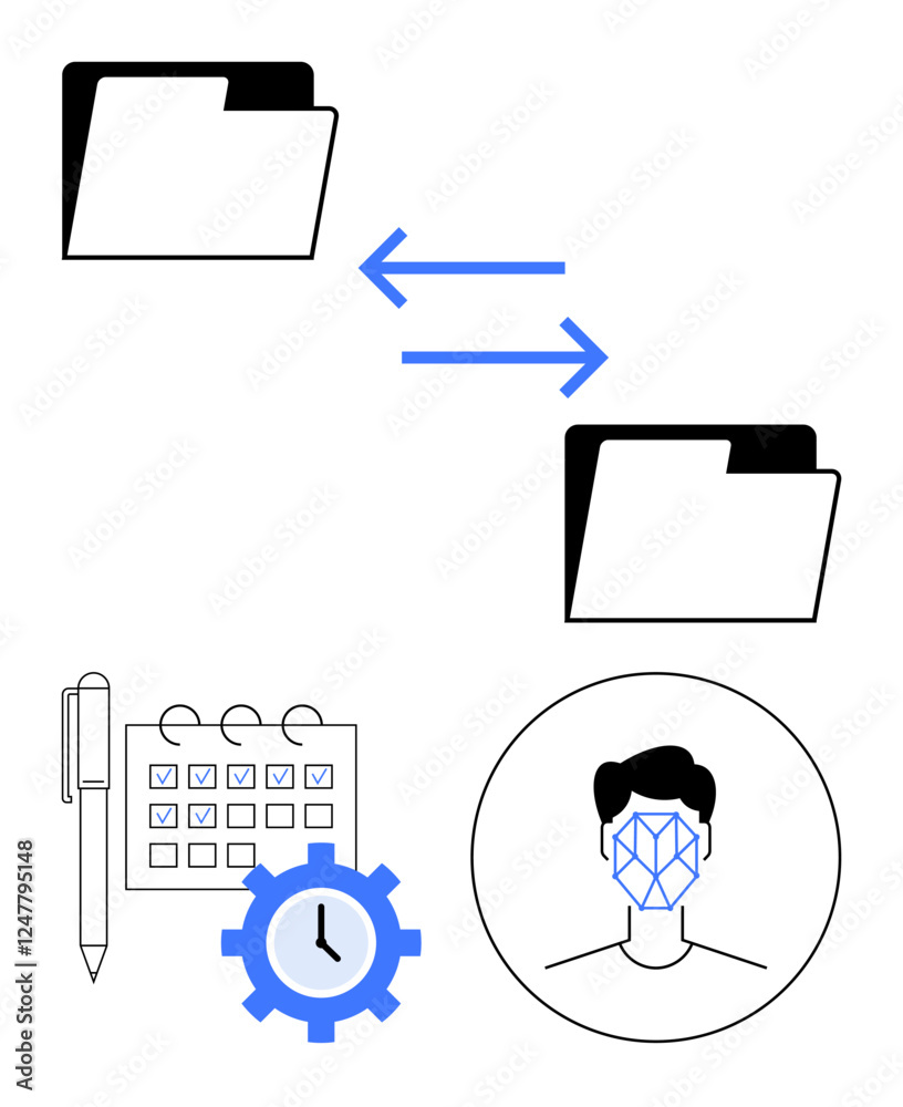 Folders with bidirectional arrows, face recognition, calendar, clock, and pen emphasize organization, security, and efficiency. Ideal for workflow, data management automation scheduling AI Folders with bidirectional arrows, face recognition, calendar, clock, and pen emphasize organization, security, and efficiency. Ideal for workflow, data management automation scheduling AI