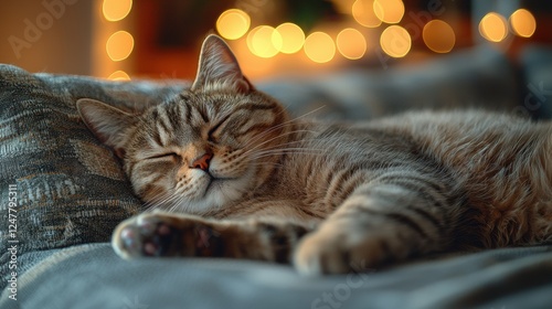 Adorable tabby cat peacefully sleeping on a cozy couch with warm, soft lighting creating a serene and tranquil atmosphere indoors, perfect for heartwarming moments