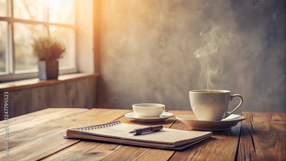 Obraz premium Warm Morning Beverage with Notepad and Pen on Rustic Wooden Table Near Window