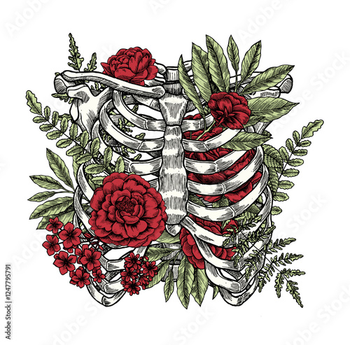 human skeleton with leaves and flowers