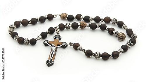 Dark brown wooden rosary beads with silver accents and crucifix on white background.