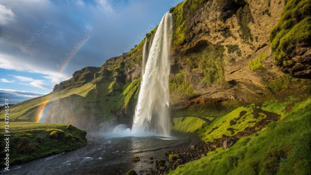 Emerald Waterfall Cascading Down Mossy Cliffs: Stunning Nature Photography Emerald Waterfall Cascading Down Mossy Cliffs: Stunning Nature Photography