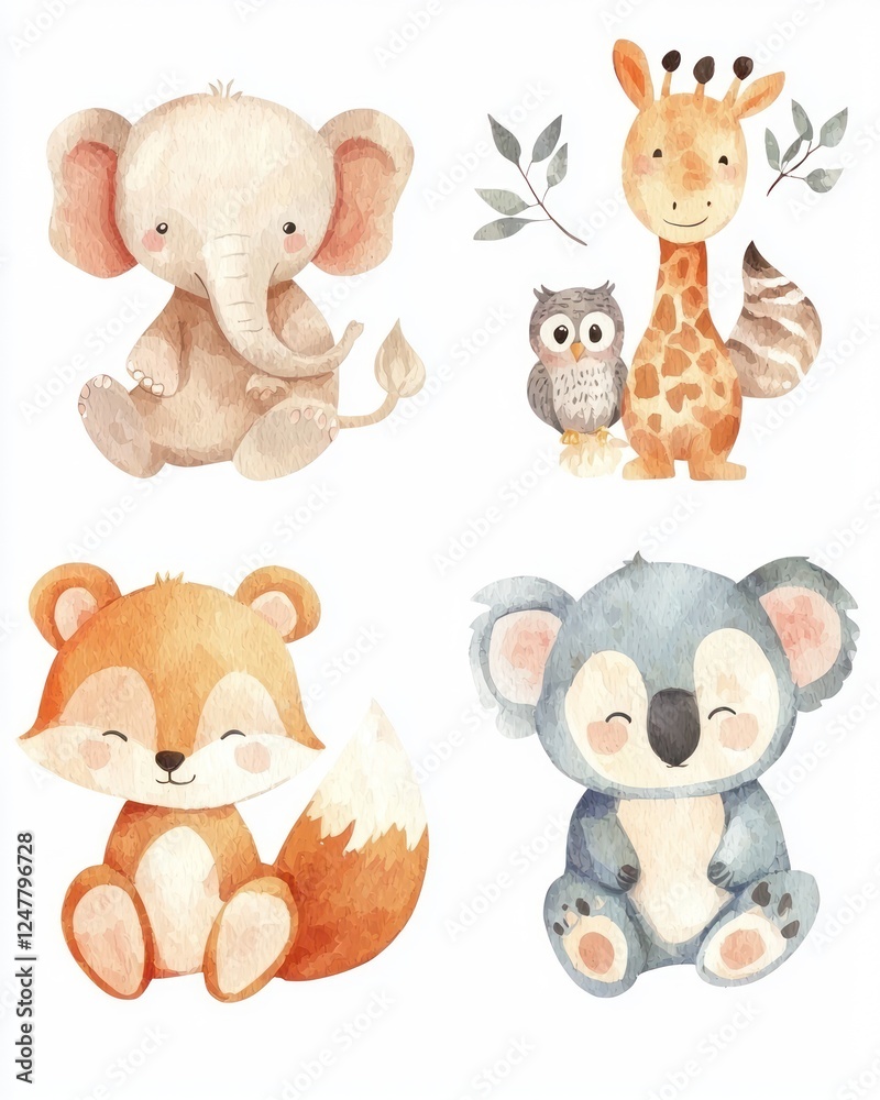 Obraz premium Cute Watercolor Animals Featuring Elephant, Giraffe, Owl, and Koala
