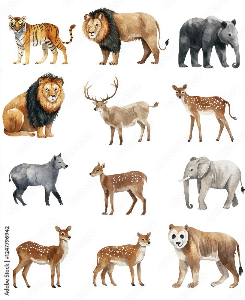 Fototapeta premium Watercolor Animals Collection Featuring Diverse Wildlife Species