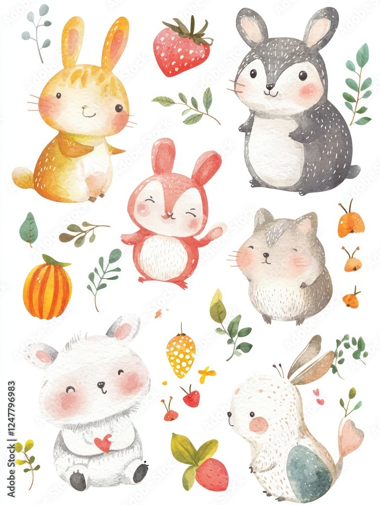 Fototapeta premium Cute Illustrated Animals with Fruits and Vegetables in Watercolor Style