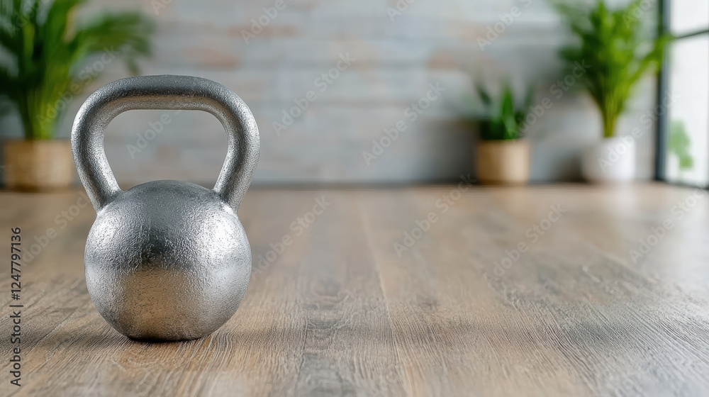 Fototapeta premium kettlebell on wooden floor, surrounded by plants, ready for workout