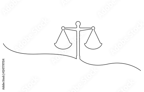 Continuous one line drawing of judicial scales law. Libra symbol simple outline illustration, Minimalist illustration of a weight scale made of one continuous line.