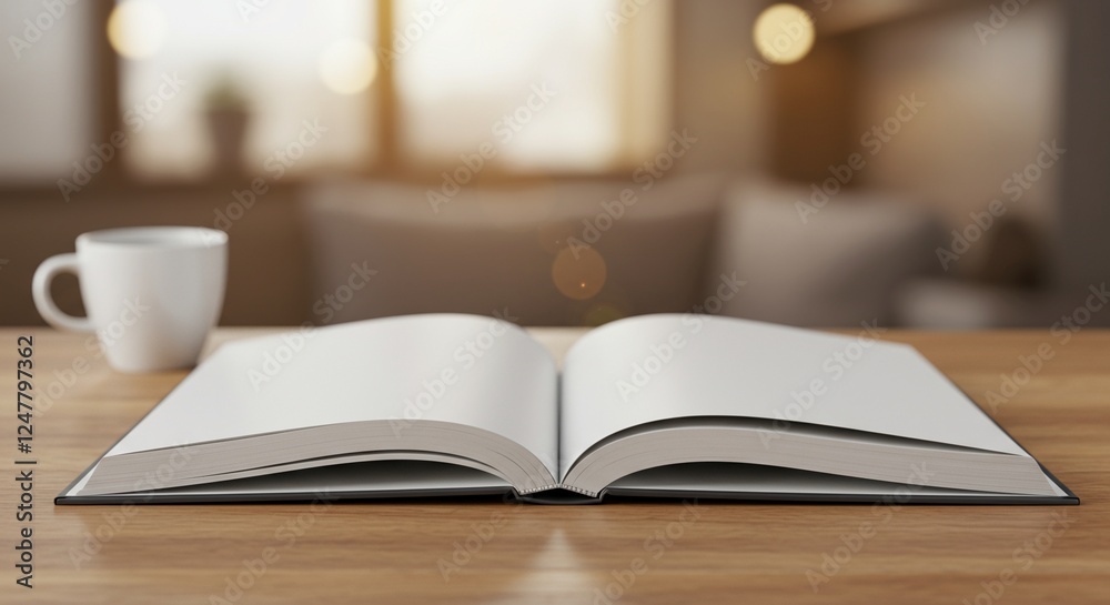 Open Book and Coffee Cup Mockup on Wooden Table with Cozy Background Open Book and Coffee Cup Mockup on Wooden Table with Cozy Background