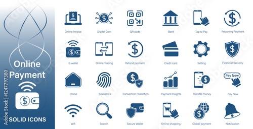 Solid vector icons on the topic of online payment, e-wallet, mobile payment, fintech.