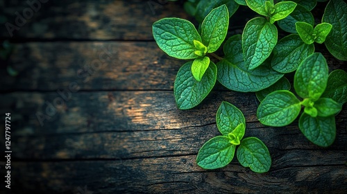 Fresh mint leaves on rustic wood background photo