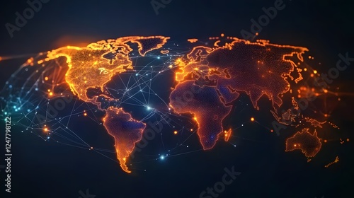 Digital World Map Composed of Glowing Data Points and Lines, Representing Global Connectivity and Technology’s Impact on Business, Set Against a Dark Background with Orange Highlights