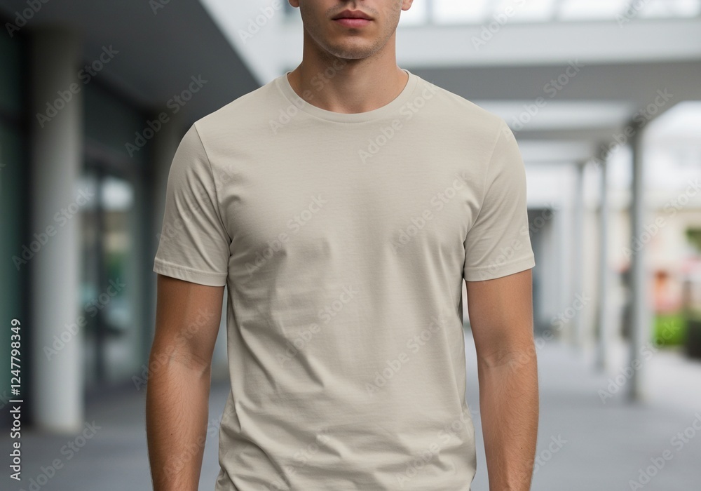 Mockup T-Shirt on Person in Modern Outdoor Setting with Architectural Background Mockup T-Shirt on Person in Modern Outdoor Setting with Architectural Background