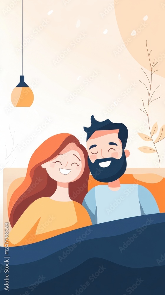 Obraz premium Happy couple enjoying cozy moments together in warm, colorful bedroom illustration with cheerful expressions