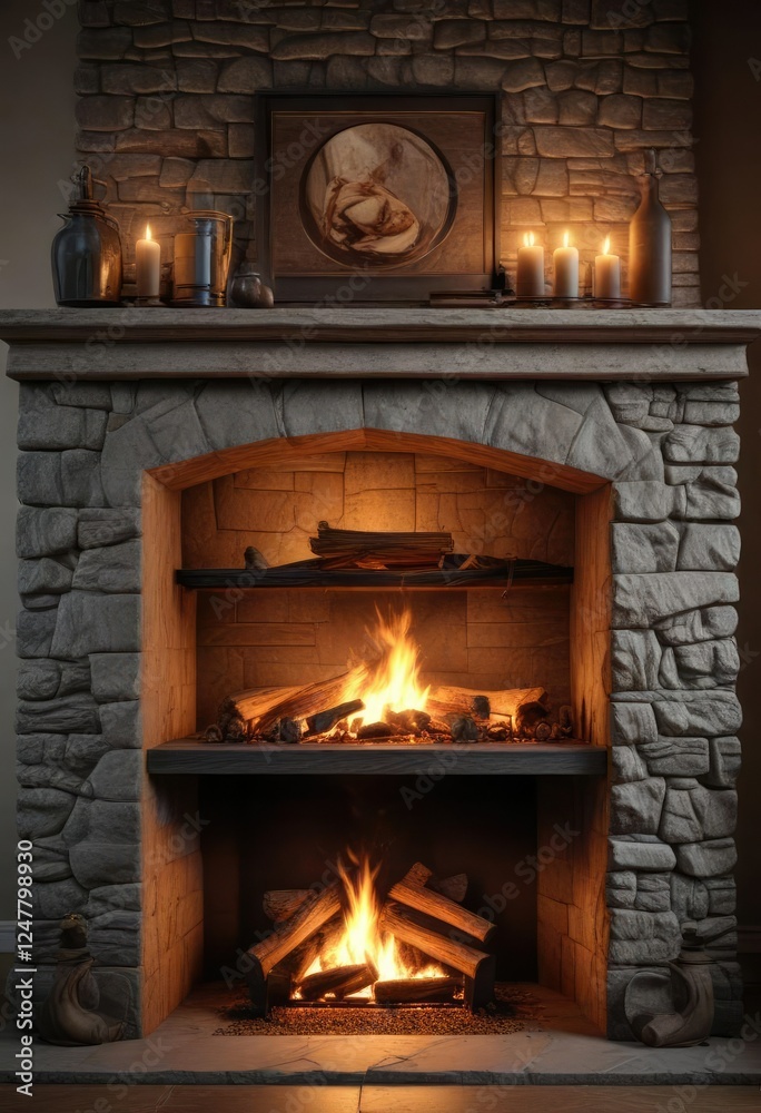Crackling flames in a traditional stone fireplace, cozy ambiance, crackling flames Crackling flames in a traditional stone fireplace, cozy ambiance, crackling flames
