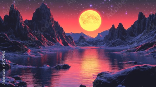 Enigmatic Sunset Landscape with Giant Moon and Serene River Valley Digital Art