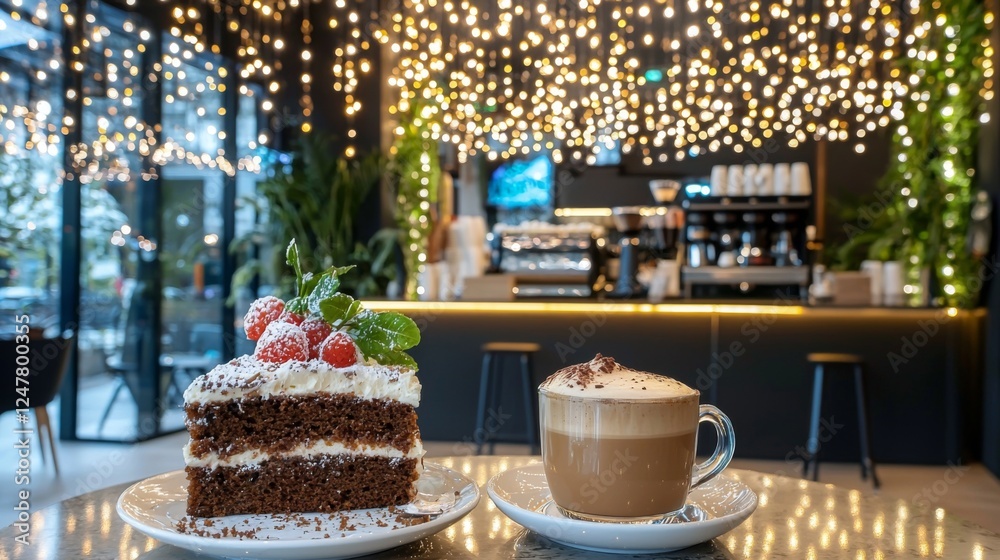 Naklejka premium A modern cafÃ© scene with a beautifully crafted latte, a slice of cake, and a cozy atmosphere with soft lighting. --chaos 20 --ar 16:9 --quality 2 --v 6.1 Job ID: 3942e1f6-9e98-4497-a4f3-0d3659ce1309