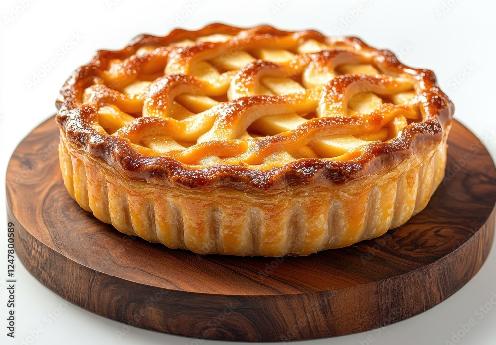Golden Brown Apple Pie with Lattice Crust on Round Wooden Board and White Background, Delicious Dessert for Gifting or Celebrating Special Occasions Golden Brown Apple Pie with Lattice Crust on Round Wooden Board and White Background, Delicious Dessert for Gifting or Celebrating Special Occasions