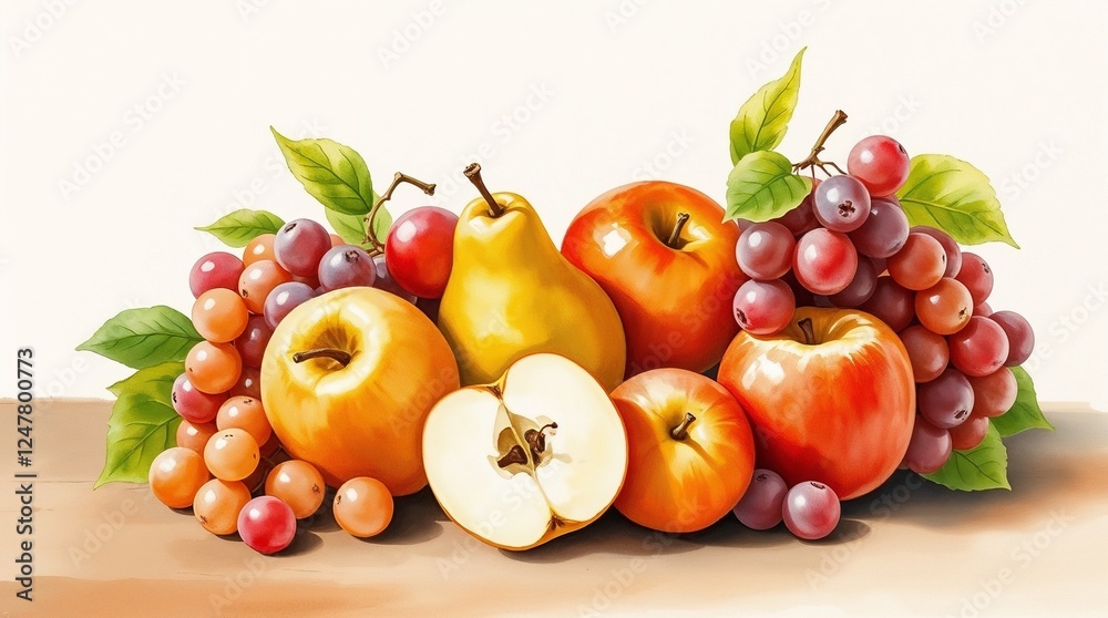 Vibrant display of fresh autumn fruits and leaves Vibrant display of fresh autumn fruits and leaves