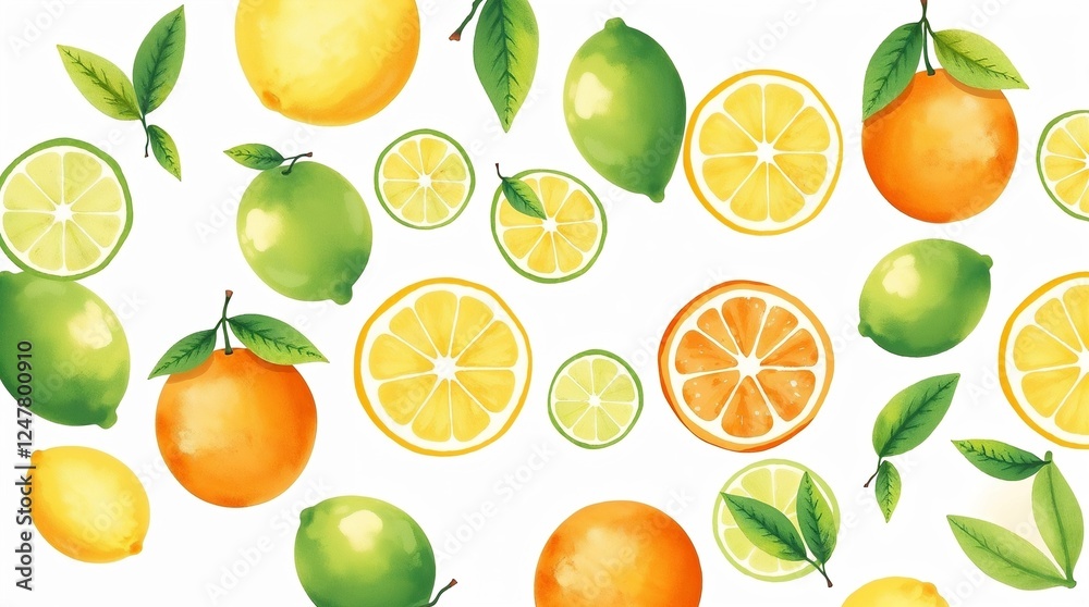 Vibrant citrus fruits with fresh leaves pattern