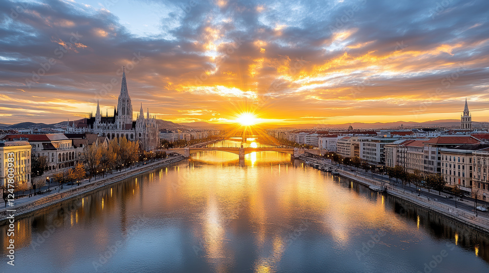 Fototapeta premium stunning sunrise over historic city skyline with golden hues