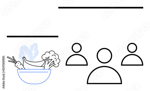 Bowl of vegetables with carrots, leaves, broccoli, bananas beside three human figures. Ideal for health, nutrition, teamwork, community wellness collaboration organic unity. Abstract line flat