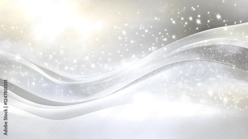 Elegant White Fabric Waves Flowing from Top to Bottom Against a Light Gray Background, Enhanced by Sparkling Particles and Soft Scattered Light Creating an Ethereal and Delicate Atmosphere Elegant White Fabric Waves Flowing from Top to Bottom Against a Light Gray Background, Enhanced by Sparkling Particles and Soft Scattered Light Creating an Ethereal and Delicate Atmosphere
