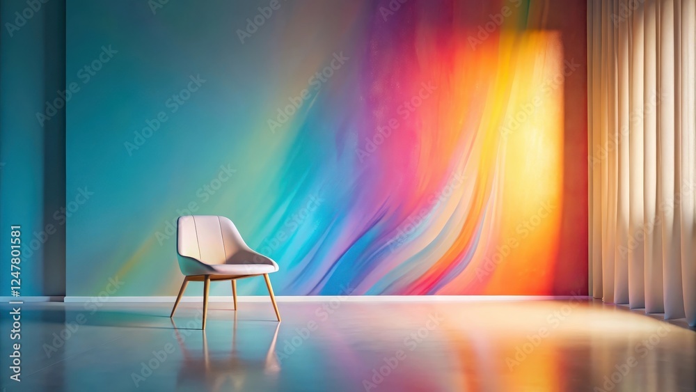 custom made wallpaper toronto digitalSerene Minimalist Interior Featuring a Modern Chair Against a Vibrant Abstract Wall Mural and Sheer Drapes