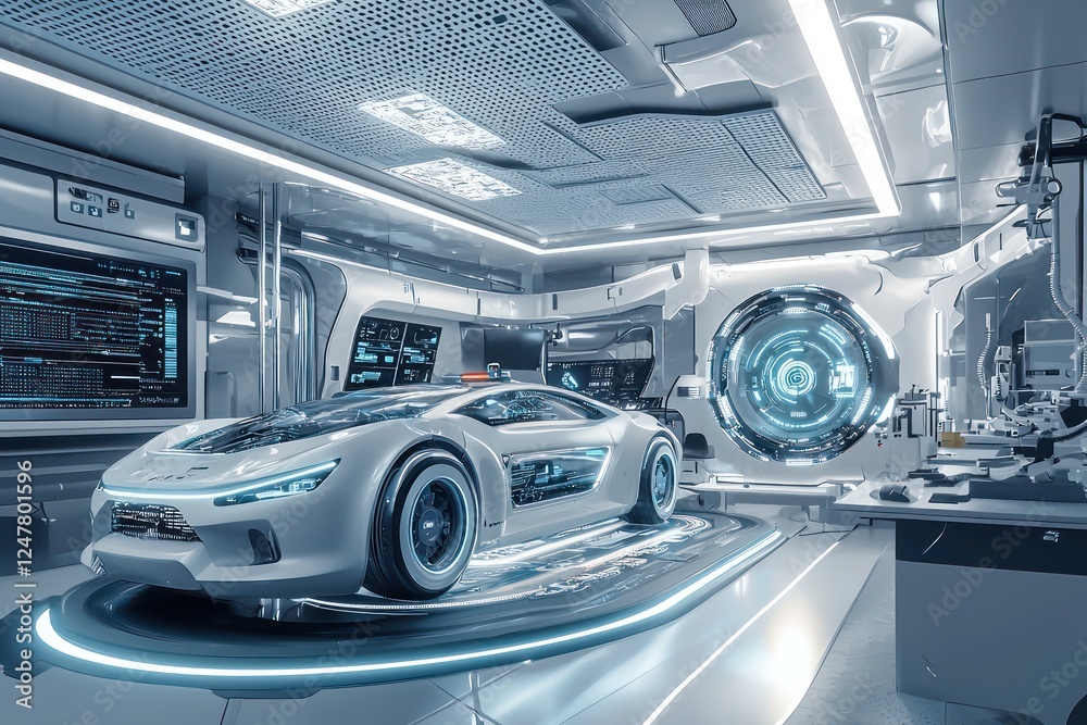 Obraz premium Automotive design lab where AI crafts autonomous vehicle systems.