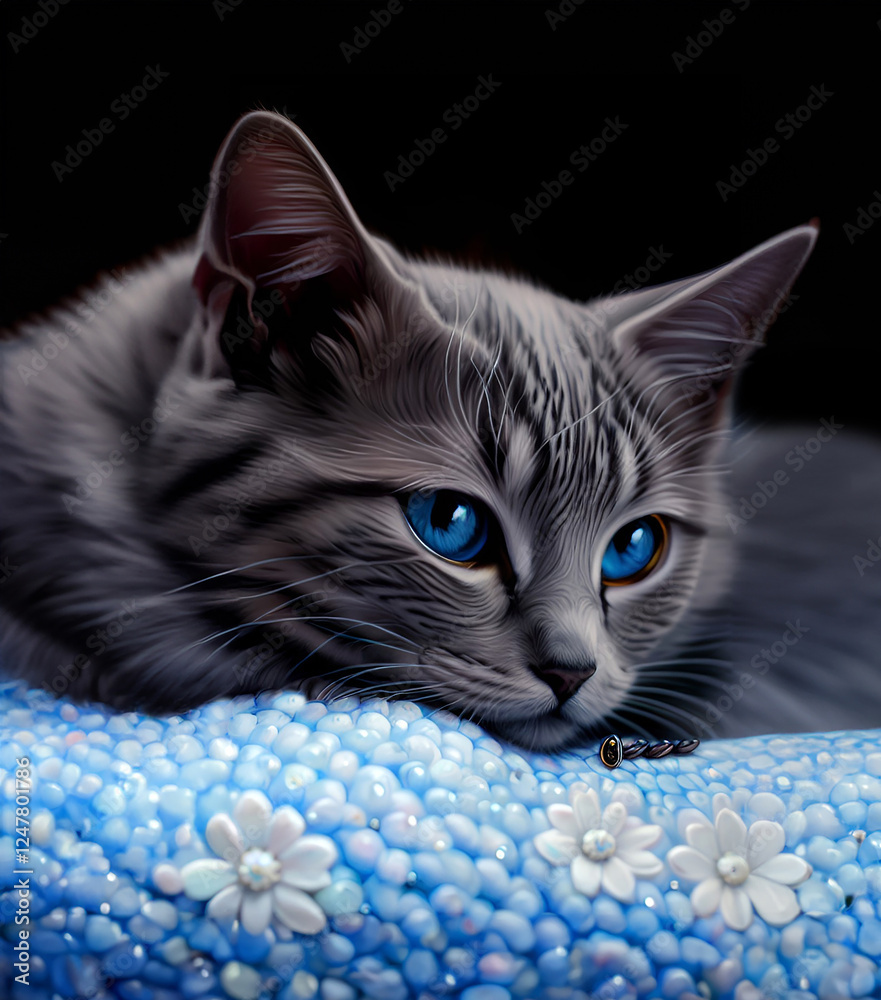 Young gray kitten in a blue blanket