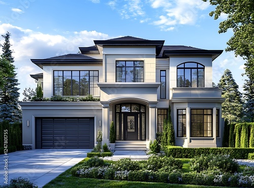 Front view of a luxury modern house in the city, a new rich home with a garage and a large yard on a blue sky background