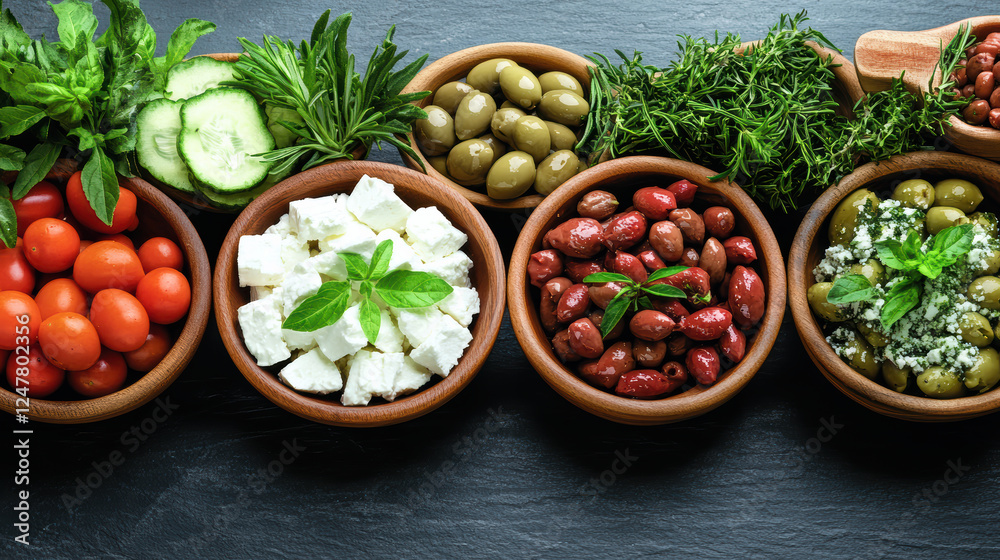 Fresh vegetables, olives, and feta cheese arranged in bowls Fresh vegetables, olives, and feta cheese arranged in bowls
