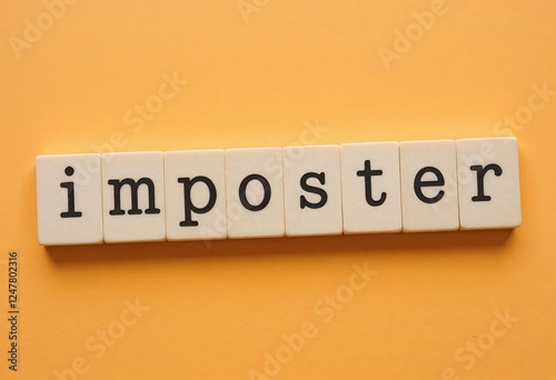 Wooden tiles spelling 'imposter' on a light orange background, feelings of self-doubt and inadequacy in personal or professional settings. Imposter syndrome concept photo