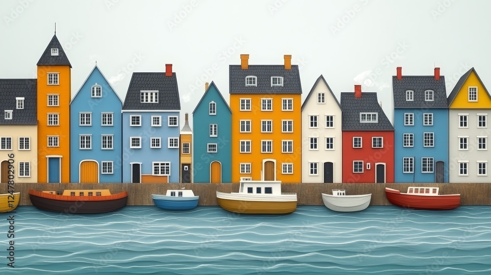 Fototapeta premium Charming Coastal Town Waterfront Houses Boats Harbor Illustration